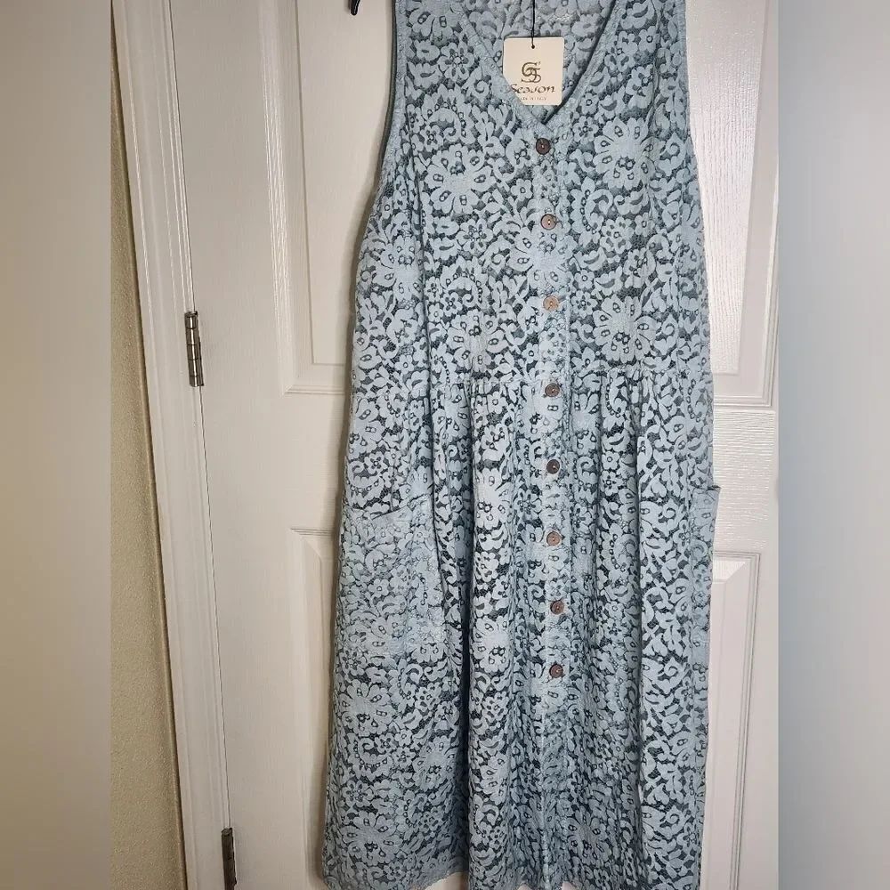 NWT Season One Size Blue Lace Unique Pockets CottonButtonsUp Women MidiDress